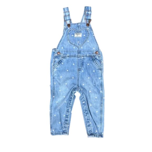 Osh Kosh B'Gosh Vestbak Denim Overalls Girls Size 18mos Pink Heart Print - Picture 1 of 9
